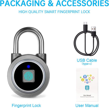 Smart Biometric Fingerprint Padlock with Bluetooth Connectivity and Mobile App, Water-Resistant Design for Gym, Sports, Bike, School, Locker, and Storage (Grey)