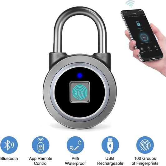 Smart Biometric Fingerprint Padlock with Bluetooth Connectivity and Mobile App, Water-Resistant Design for Gym, Sports, Bike, School, Locker, and Storage (Grey)