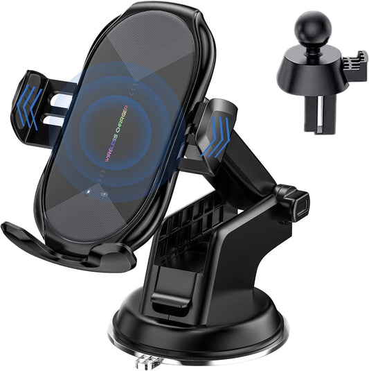 Wireless Car Charger,15W Qi Fast Charging Auto-Clamping Air Vent Windshield Dashboard Car Phone Mount,Long Arm Suction Cup Holder for Iphone Samsung LG